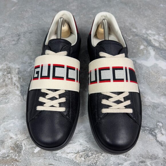 Gucci Ace Stripe Sneakers Black Leather 7.5 G or 8 US or 41.5 EUR - Picture 2 of 16